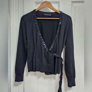 The Limited Black Sequin Trim Wrap Sweater